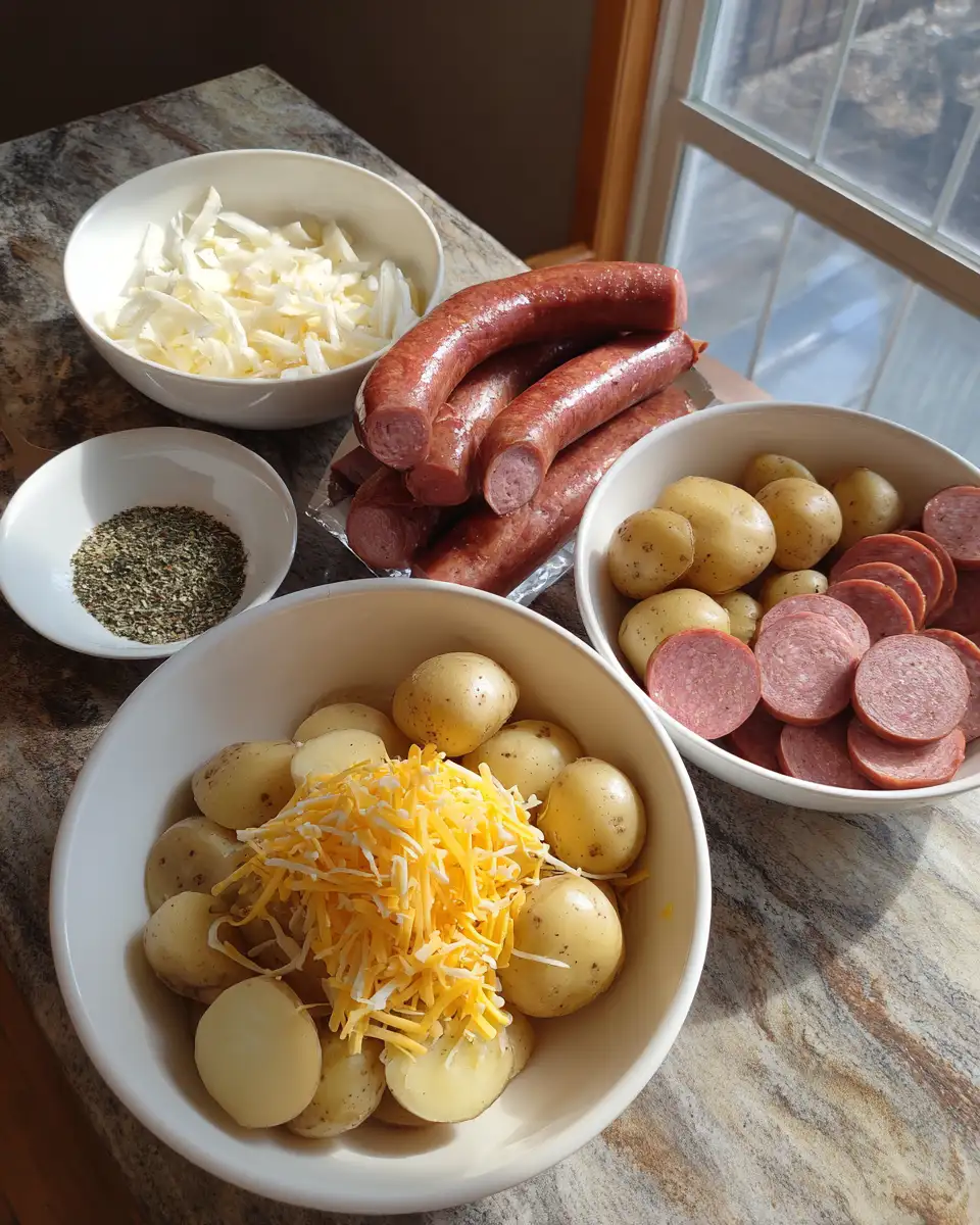Ingredients for Sizzling Cheesy Ranch Potatoes and Smoked Sausage Delight