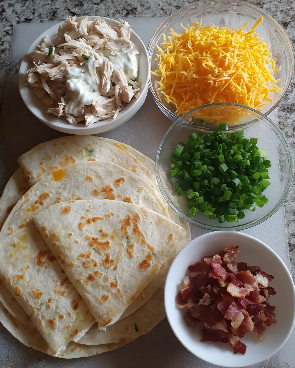 Ingredients for Sizzling Chicken Bacon Ranch Quesadilla Delight