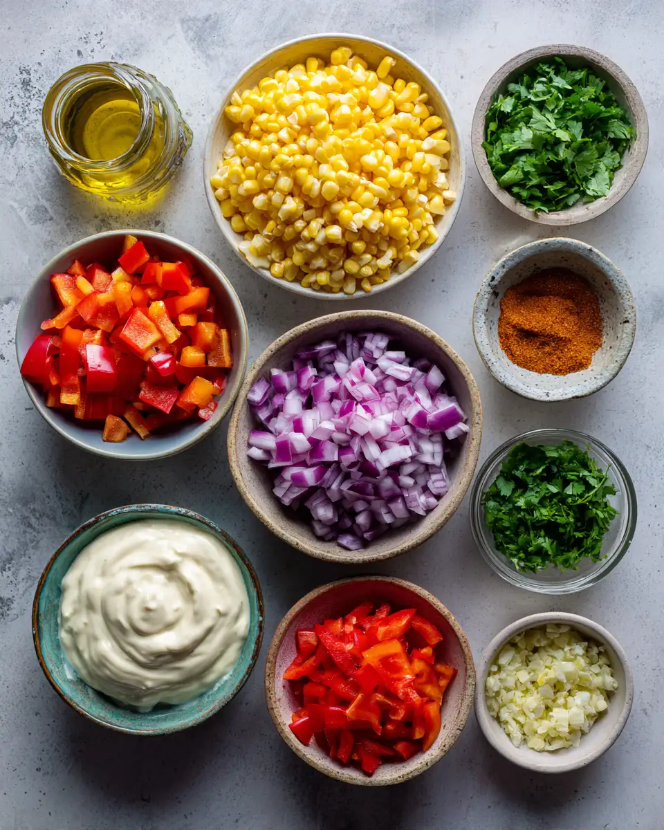Ingredients for Zesty Corn Salsa Meets Dreamy Creamy Garlic Sauce for a Flavor Fiesta