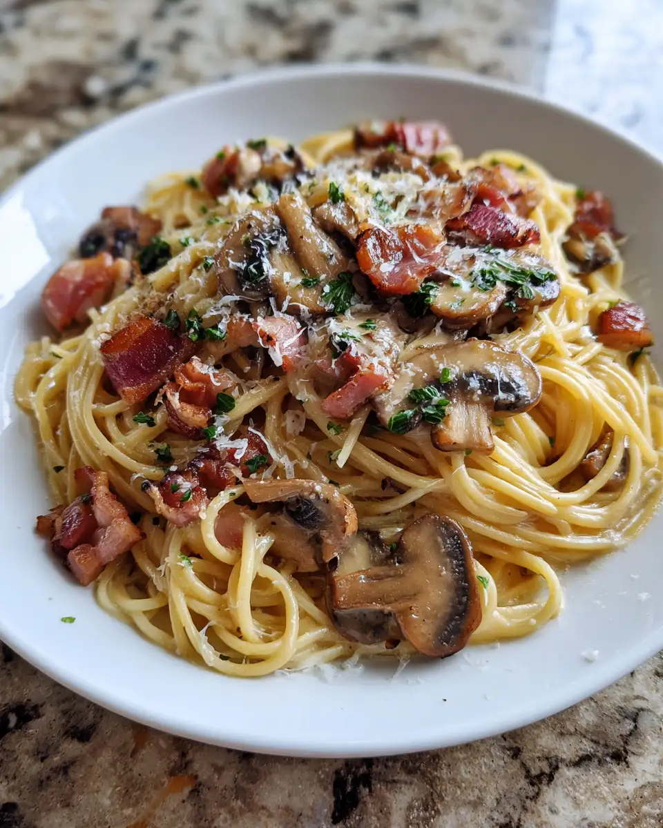 Final dish - Indulge in Irresistible Comfort: Creamy Bacon Mushroom Pasta Delight