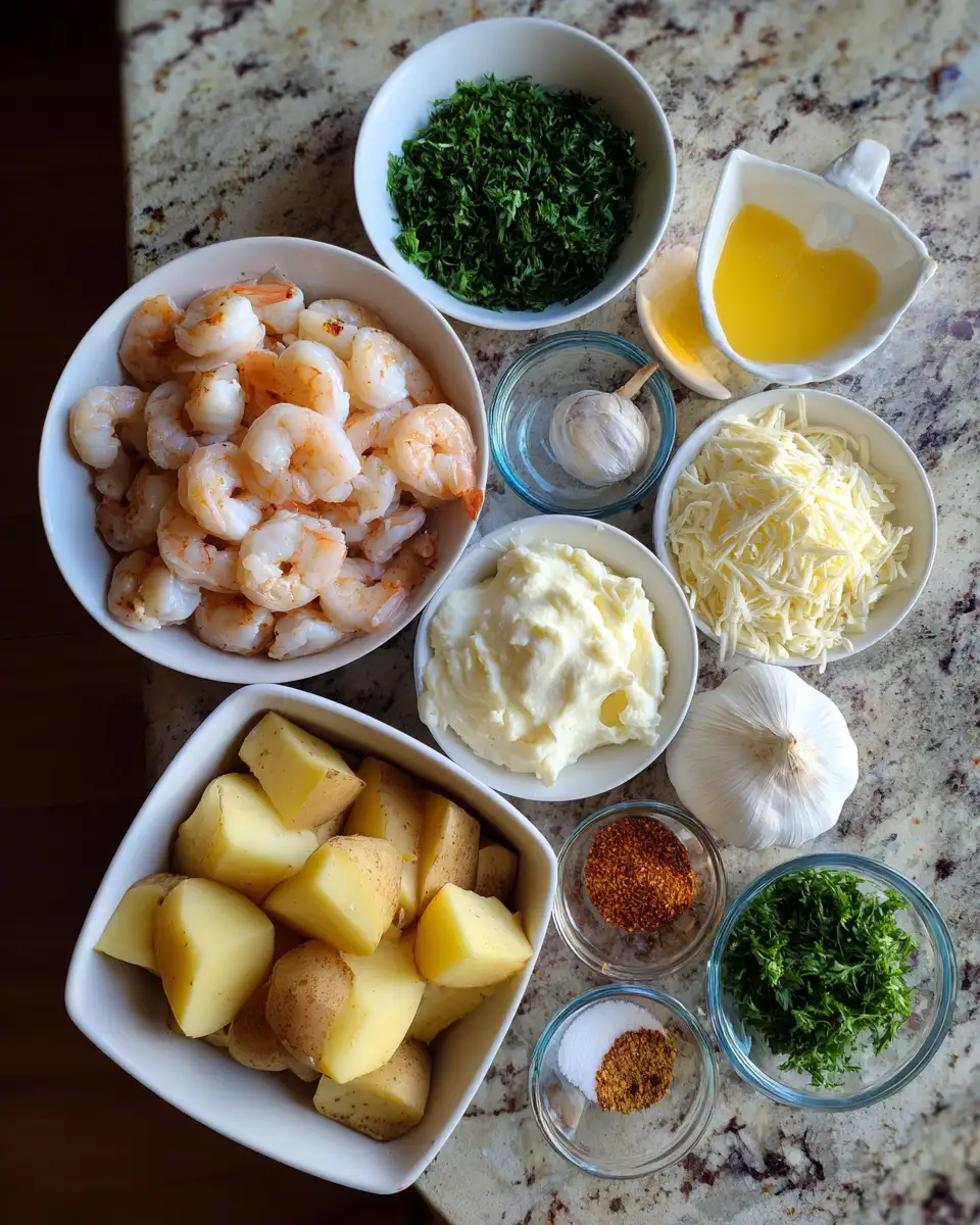 Ingredients for Indulge in Ultimate Comfort: Creamy Garlic Shrimp Over Mashed Potatoes