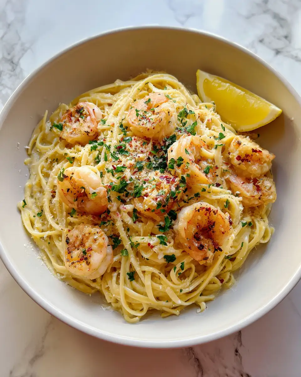 Indulge in the Irresistible Creamy Lemon Garlic Shrimp Pasta Delight 6 Final dish - Indulge in the Irresistible Creamy Lemon Garlic Shrimp Pasta Delight