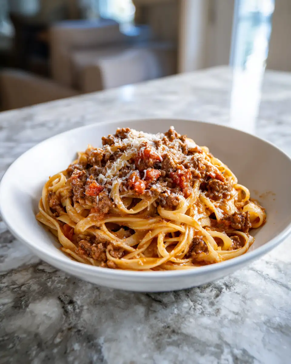 Final dish - Indulge in Irresistible Comfort: Creamy Parmesan Beef Pasta Delight