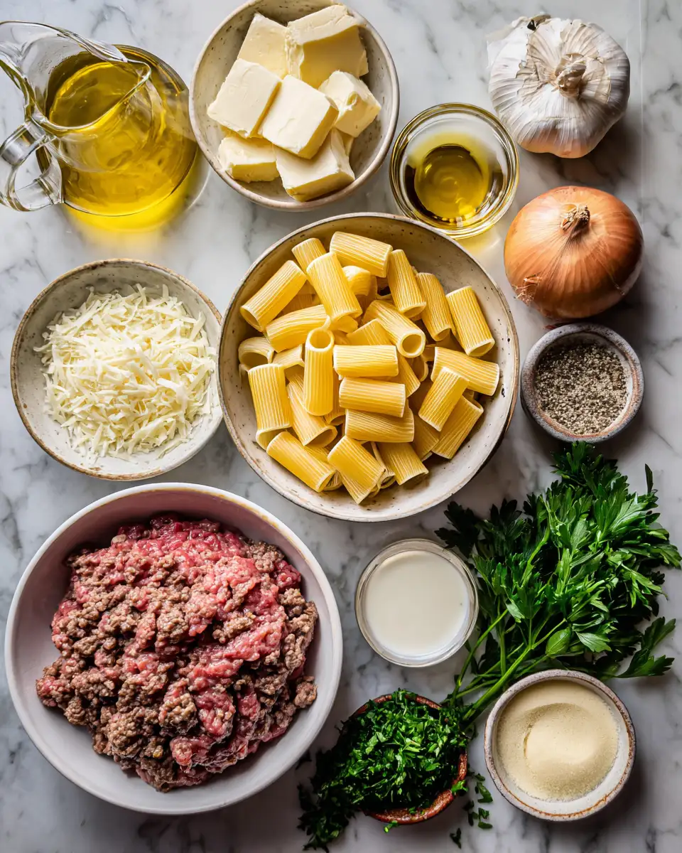 Ingredients for Indulge in Irresistible Comfort: Creamy Parmesan Beef Pasta Delight