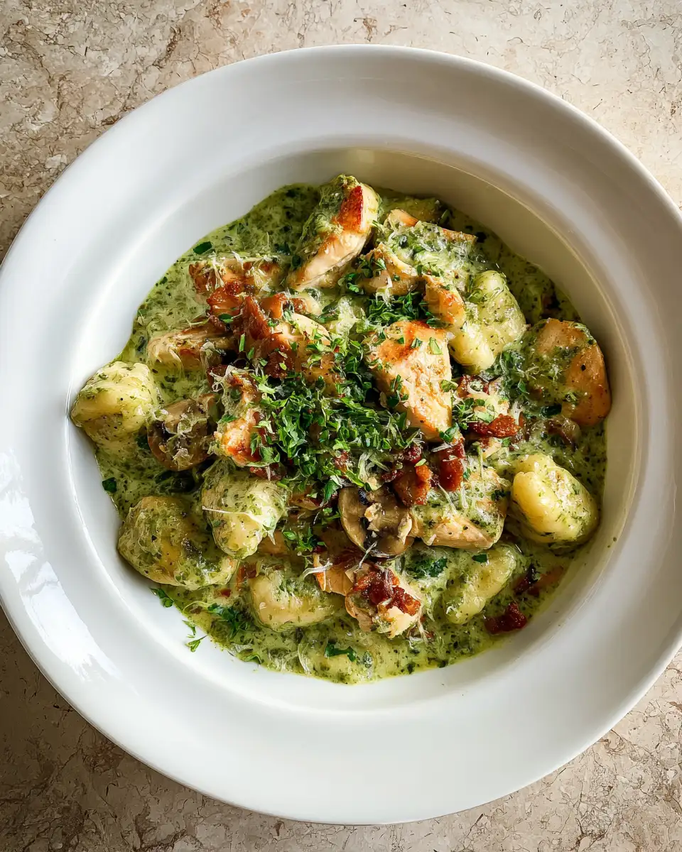 Final dish - Indulge in Comfort: Creamy Pesto Chicken Gnocchi Delight