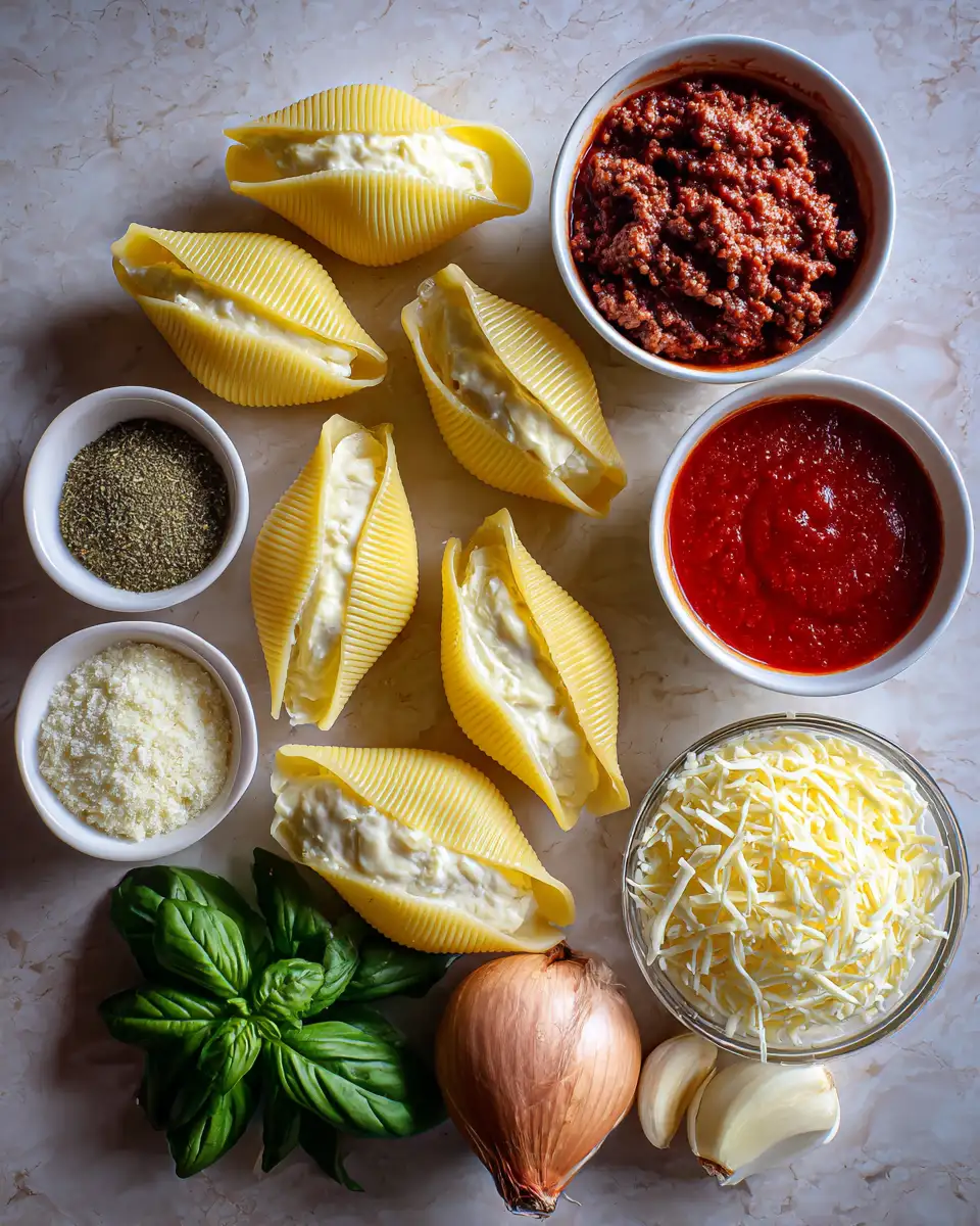 Ingredients for Irresistibly Creamy Ricotta Beef Stuffed Shells Delight