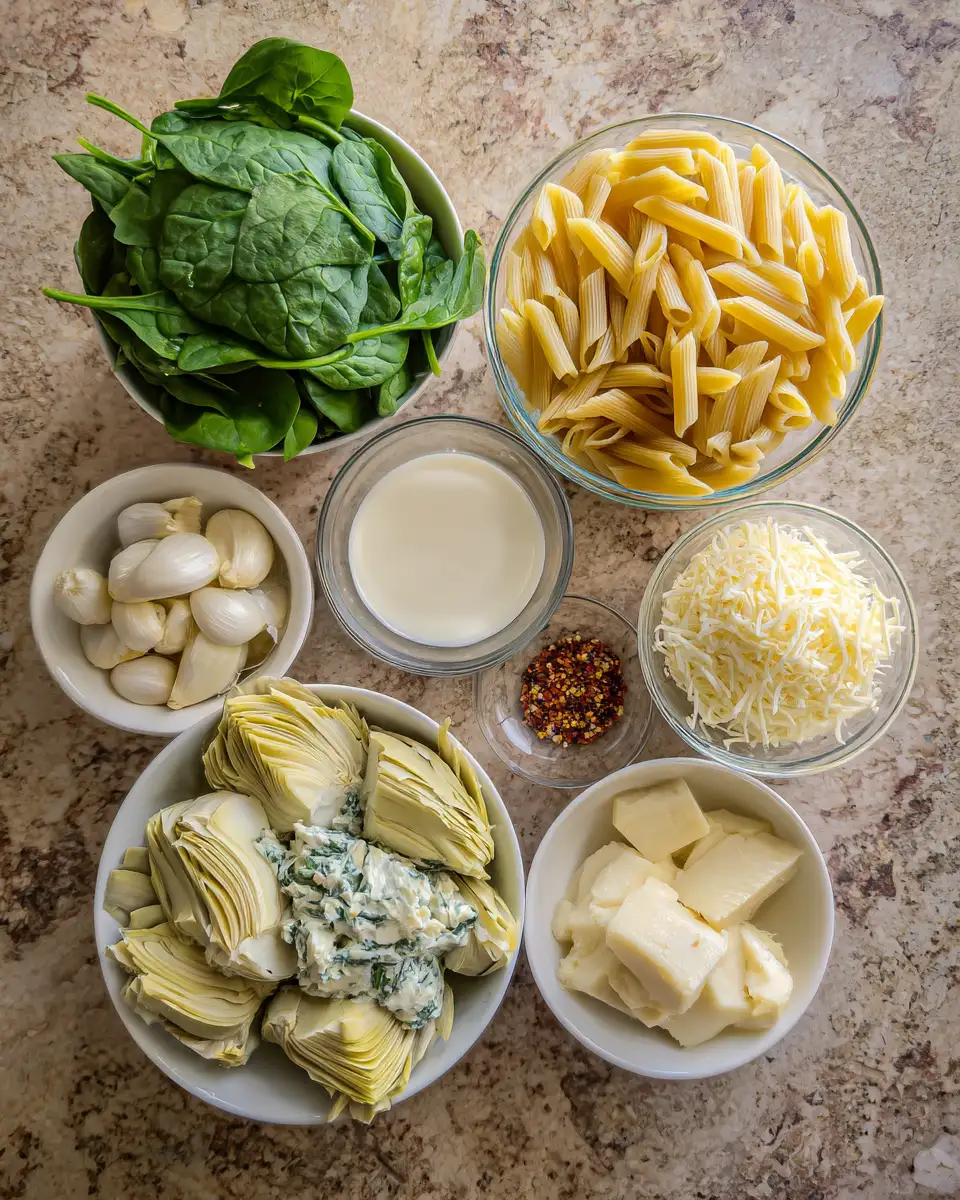 Ingredients for Spinach Artichoke Pasta: A Creamy Twist on a Classic Favorite