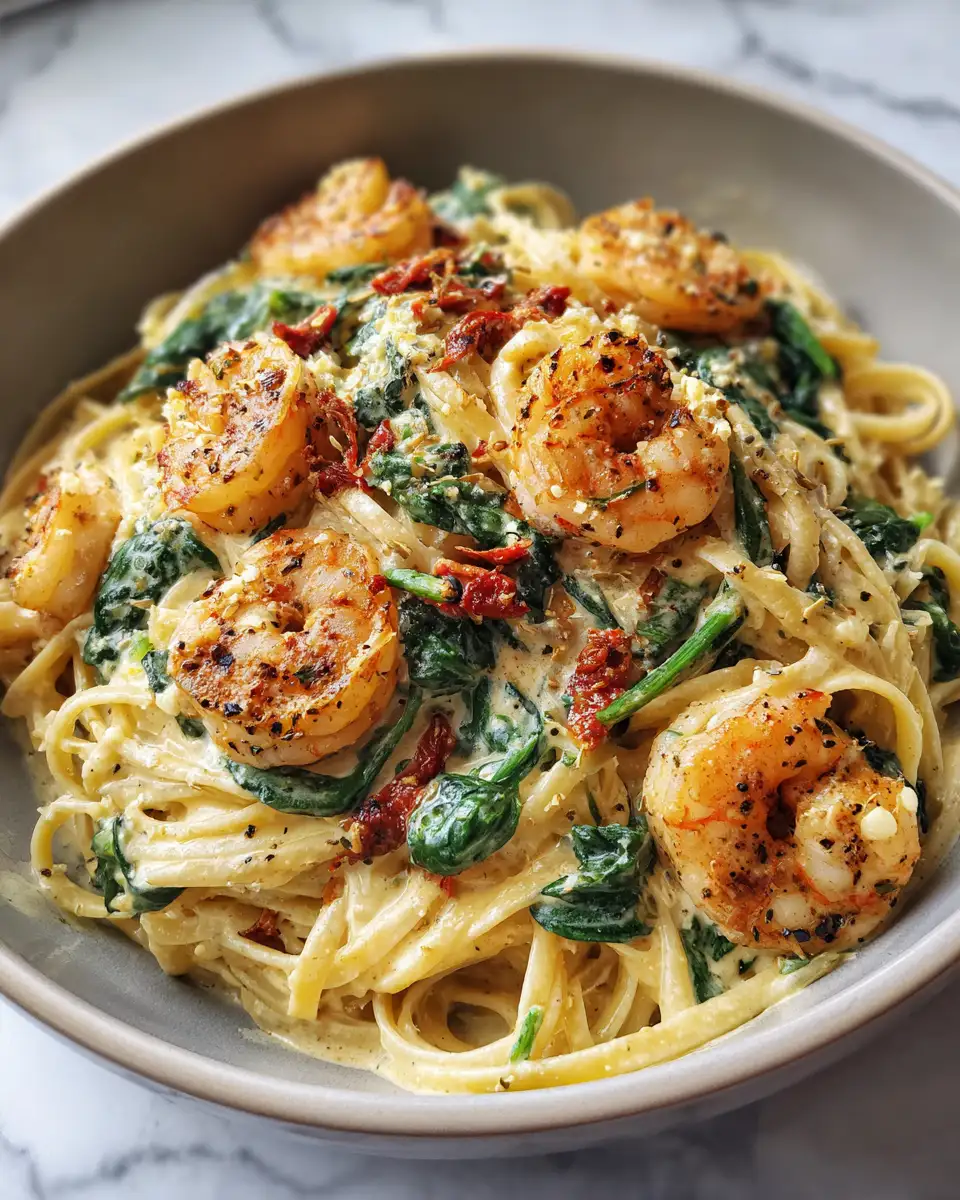 Final dish - Dazzle Your Taste Buds with Creamy Sun-Dried Tomato Shrimp and Spinach Pasta