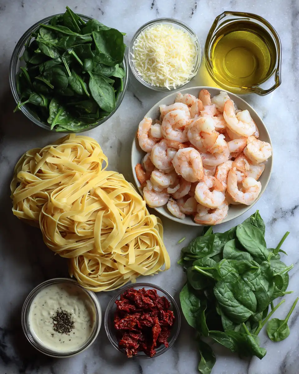 Ingredients for Dazzle Your Taste Buds with Creamy Sun-Dried Tomato Shrimp and Spinach Pasta