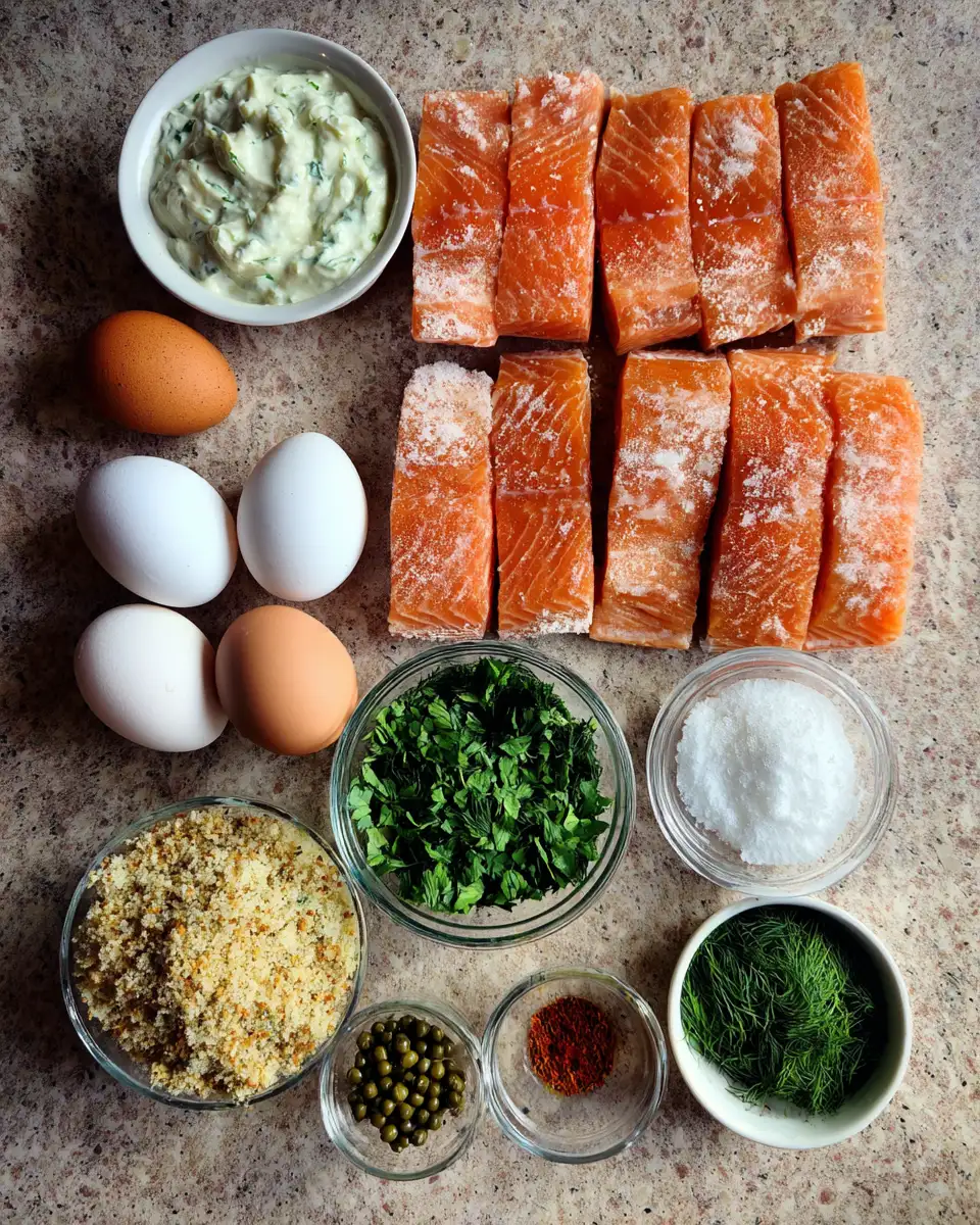 Ingredients for Crispy Salmon Strips with Herb Tartar Dip: A Crunchy Delight for Seafood Lovers