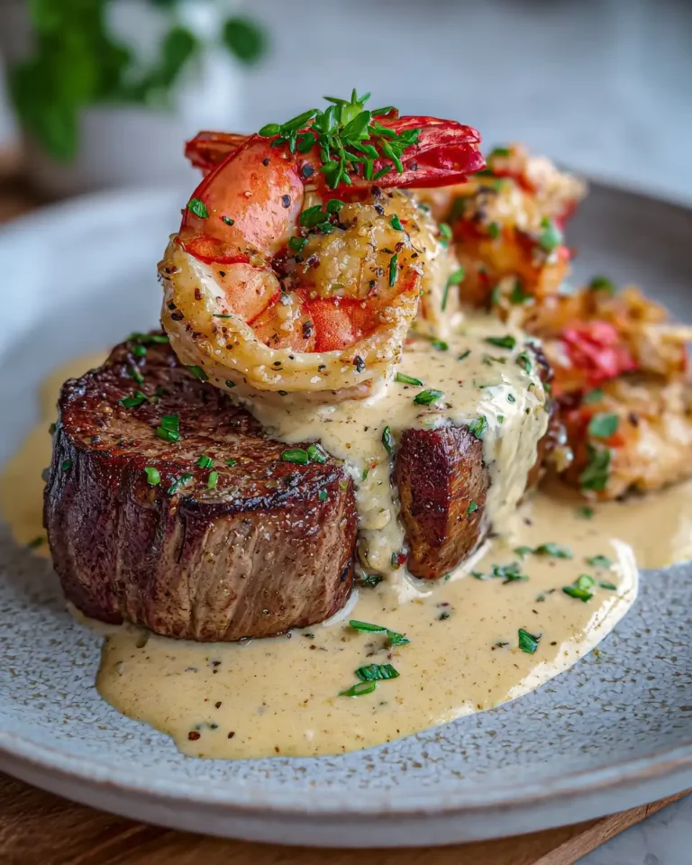 Decadent Surf and Turf Delight: Filet Mignon with Shrimp and Lobster Cream Sauce - Featured Image