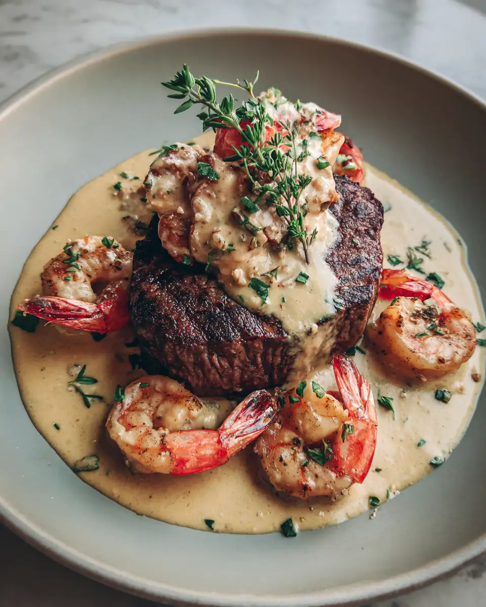 Final dish - Decadent Surf and Turf Delight: Filet Mignon with Shrimp and Lobster Cream Sauce