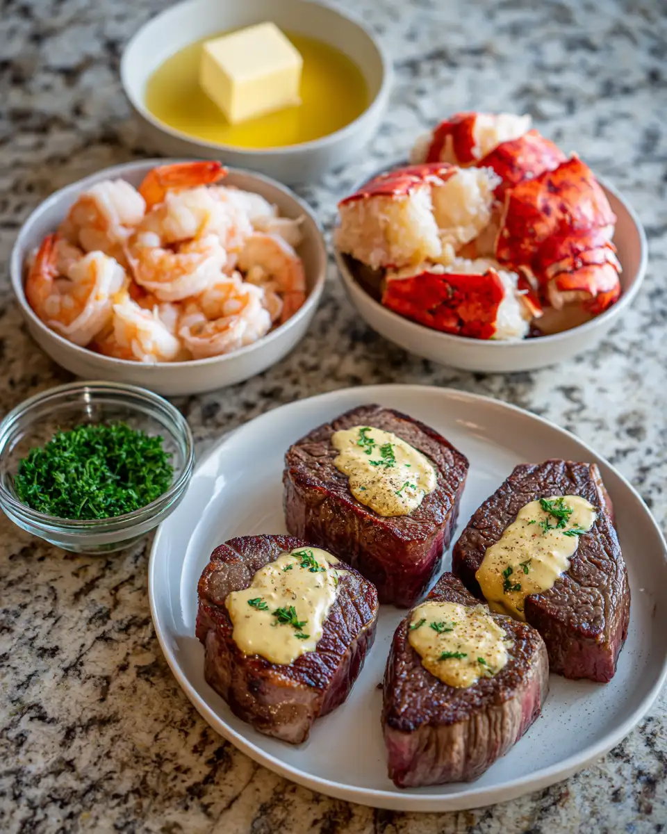 Ingredients for Decadent Surf and Turf Delight: Filet Mignon with Shrimp and Lobster Cream Sauce