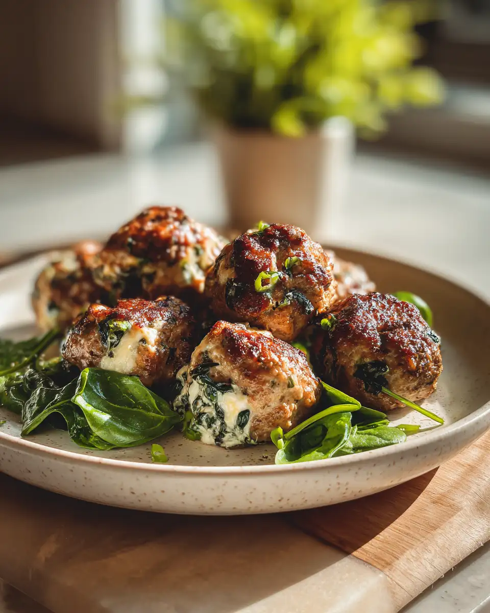Final dish - Mouthwatering Spinach Garlic Meatballs Stuffed With Mozzarella Delight