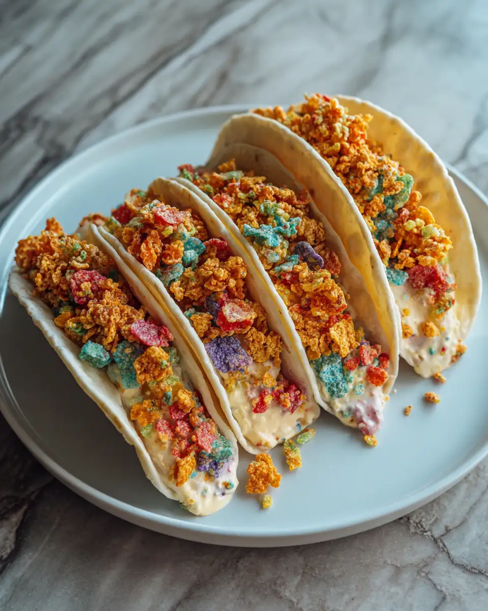 Final dish - Indulge in the Sweet Crunch: Fruity Pebble Cheesecake Tacos Delight