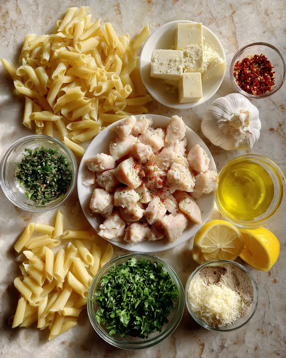 Ingredients for Irresistibly Delicious Garlic Butter Chicken Bites with Pasta