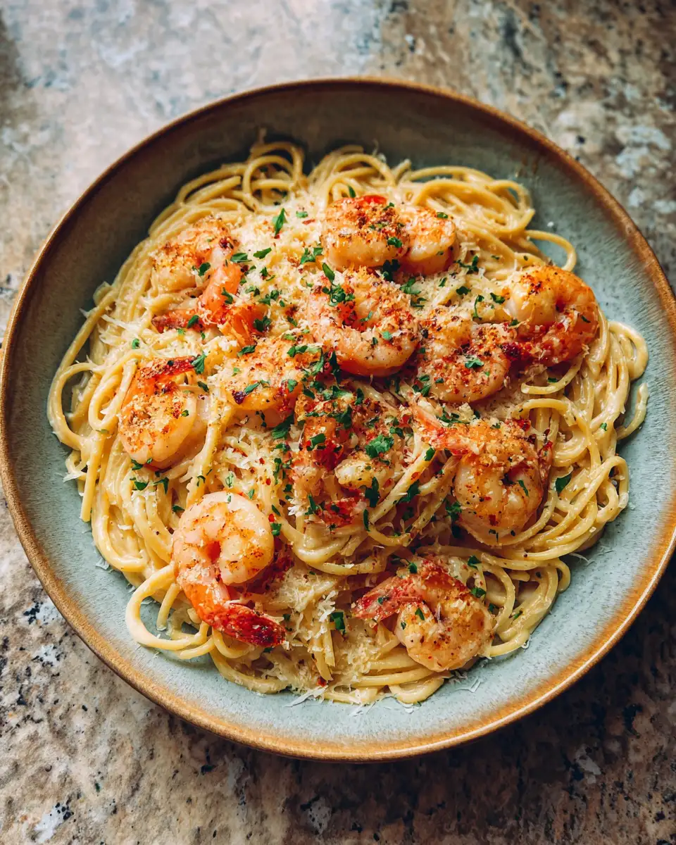 Final dish - Irresistibly Creamy Garlic Butter Shrimp Pasta Delight