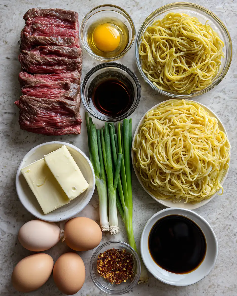 Ingredients for Sizzle and Savory: Garlic Butter Steak Lightning Noodles Recipe Burst