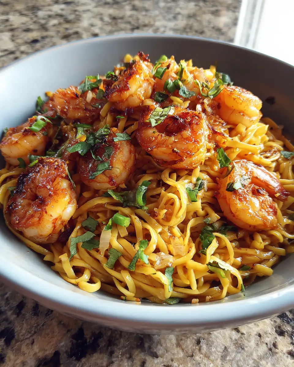 Final dish - Irresistible Honey Garlic Butter Shrimp Noodles: A Sweet and Savory Delight