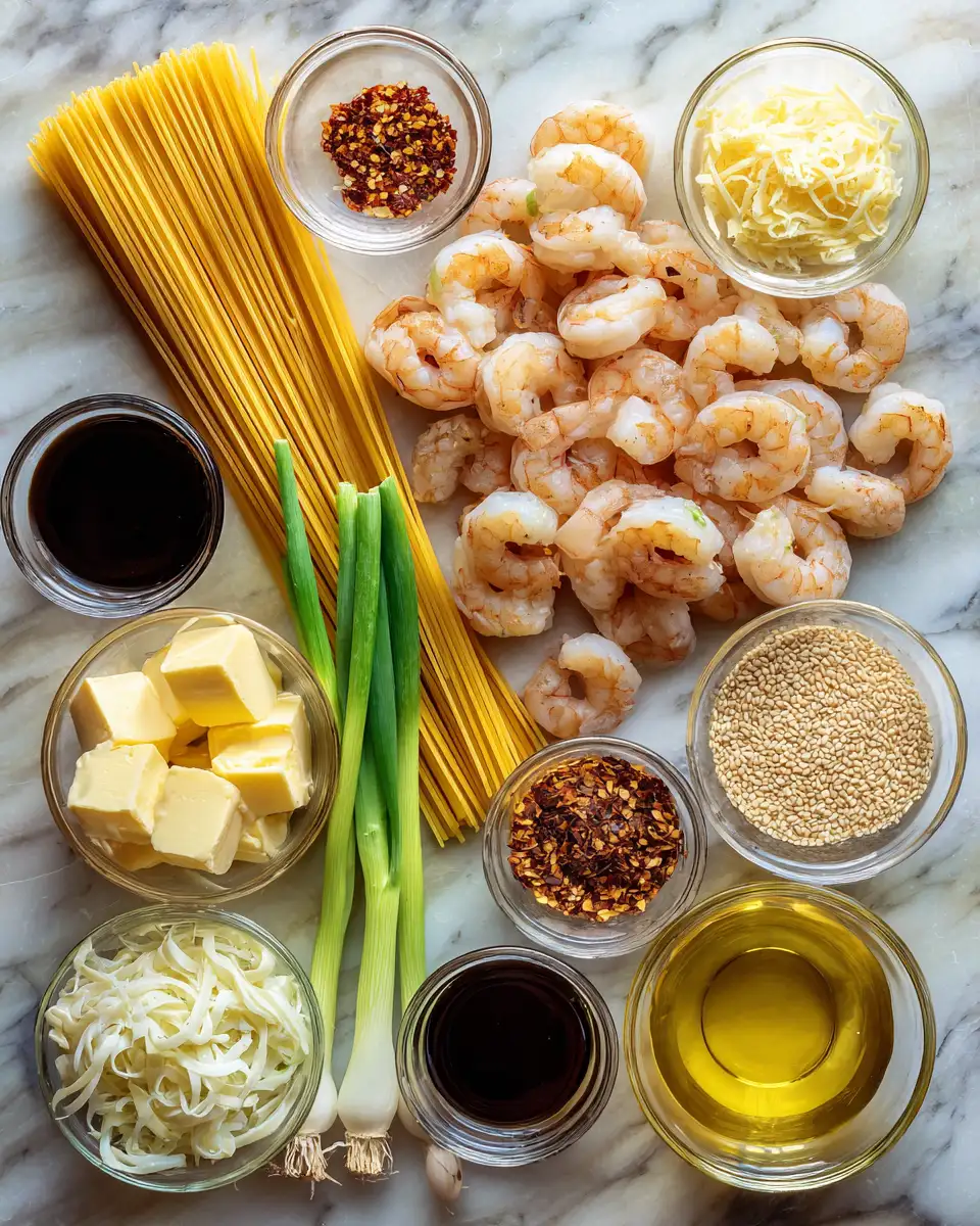 Ingredients for Irresistible Honey Garlic Butter Shrimp Noodles: A Sweet and Savory Delight