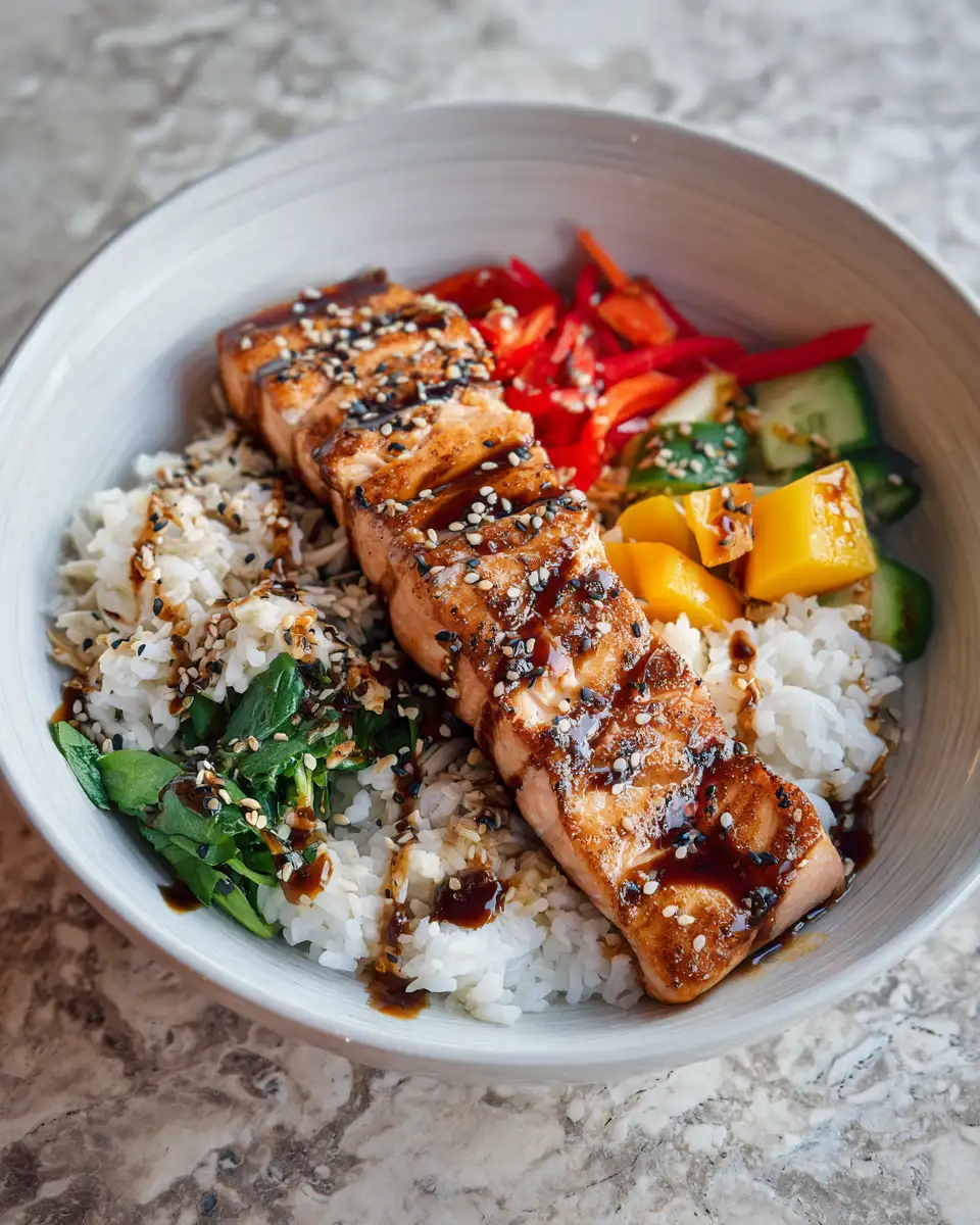Final dish - Irresistible Honey Garlic Salmon Bowl: A Sweet and Savory Delight