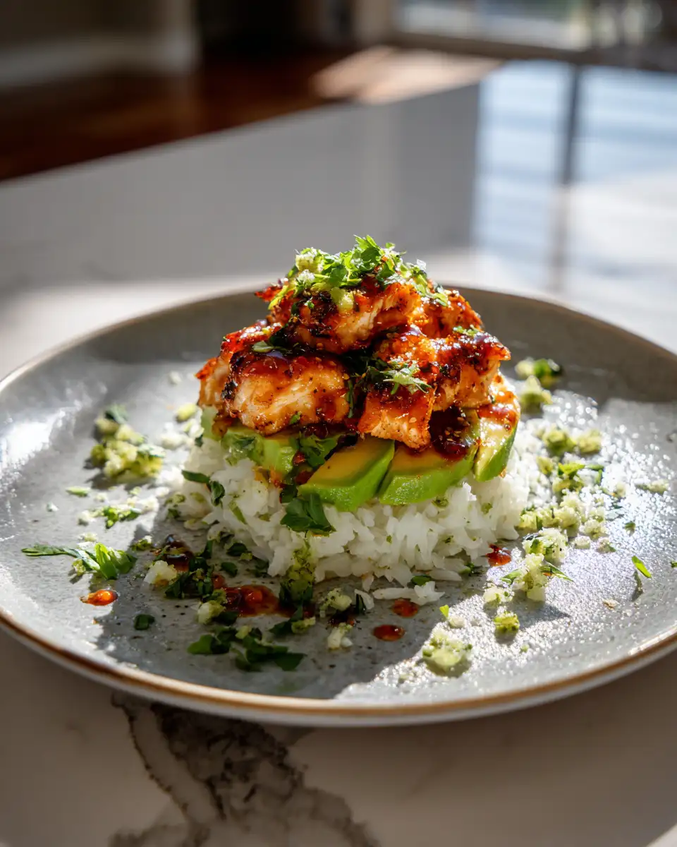 Final dish - Zesty Honey Lime Chicken & Avocado Rice Stack: A Flavorful Feast