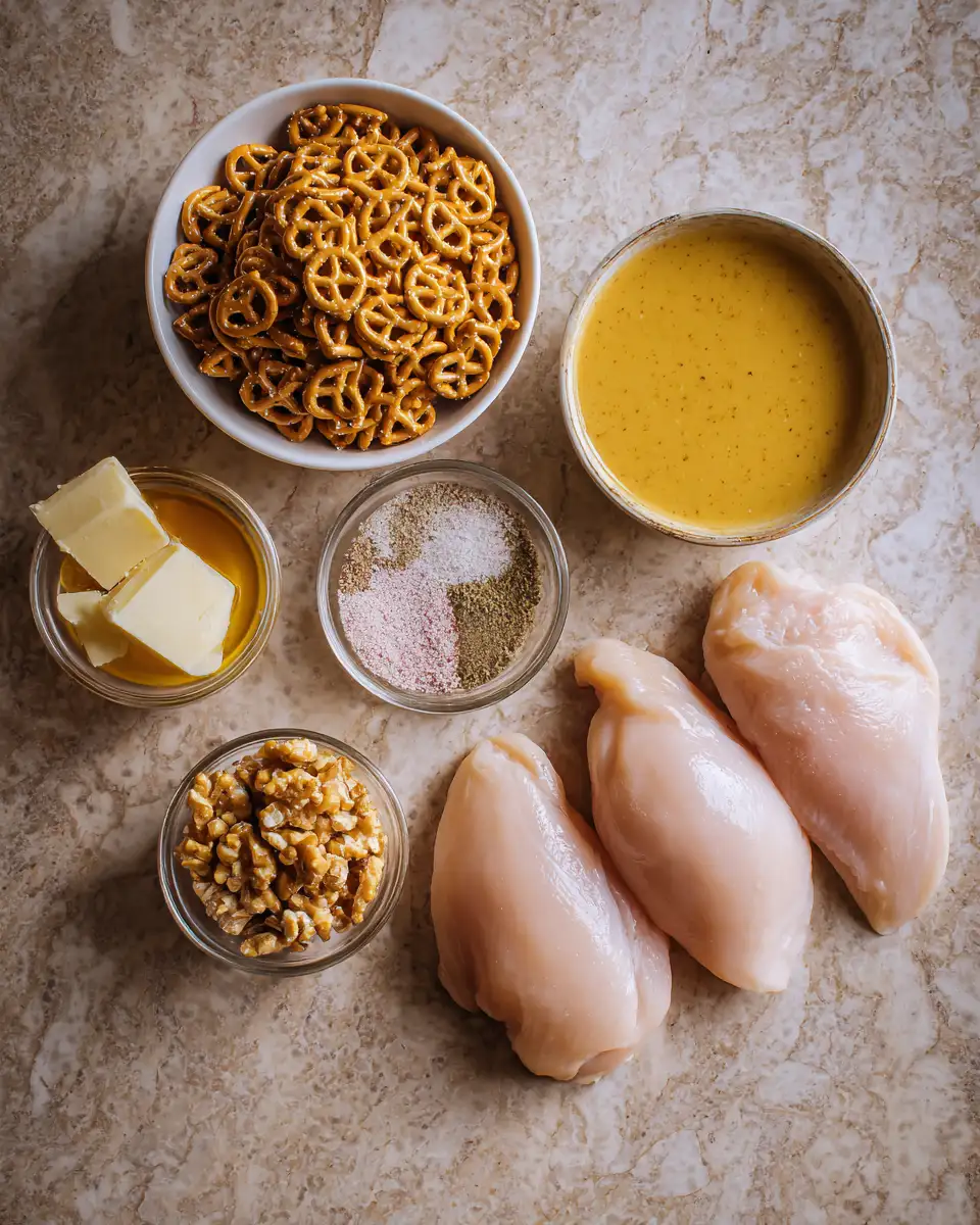 Crispy Delight: Honey Mustard Pretzel Chicken Perfection 4 Ingredients for Crispy Delight: Honey Mustard Pretzel Chicken Perfection