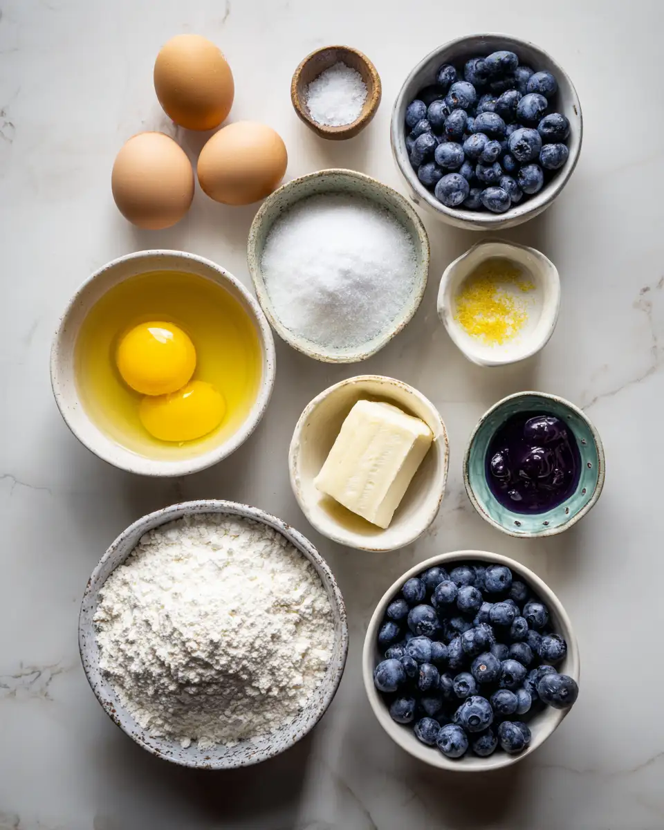Ingredients for Zesty Lemon Blueberry Loaf Cake: A Slice of Sunshine