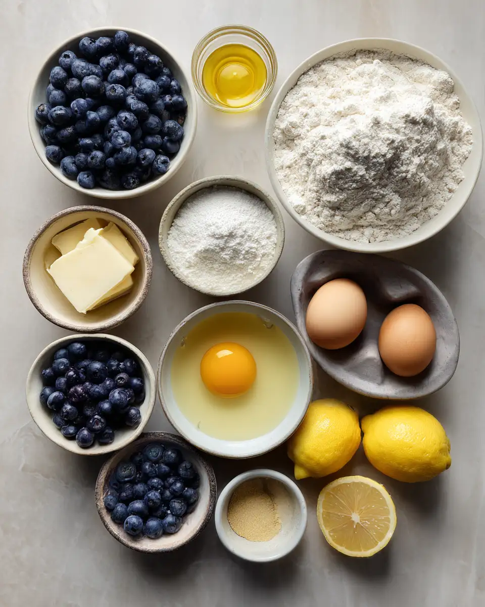 Ingredients for Zesty Lemon Blueberry Yogurt Loaf: A Perfect Blend of Tang and Sweet Delight