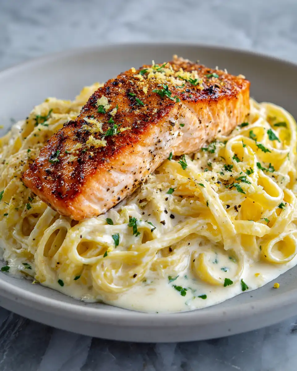 Final dish - Zesty Lemon Pepper Salmon Alfredo: A Creamy Twist on a Classic Dish