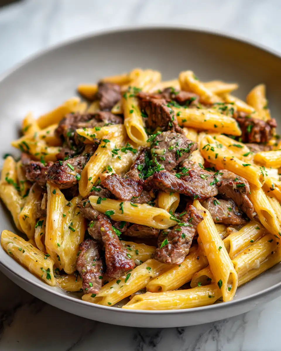 Final dish - Indulge in the Ultimate Low Carb Creamy Garlic Beef Penne Delight
