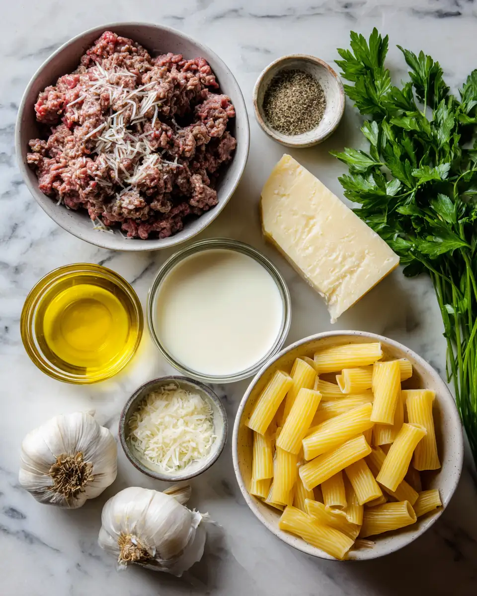 Ingredients for Indulge in the Ultimate Low Carb Creamy Garlic Beef Penne Delight