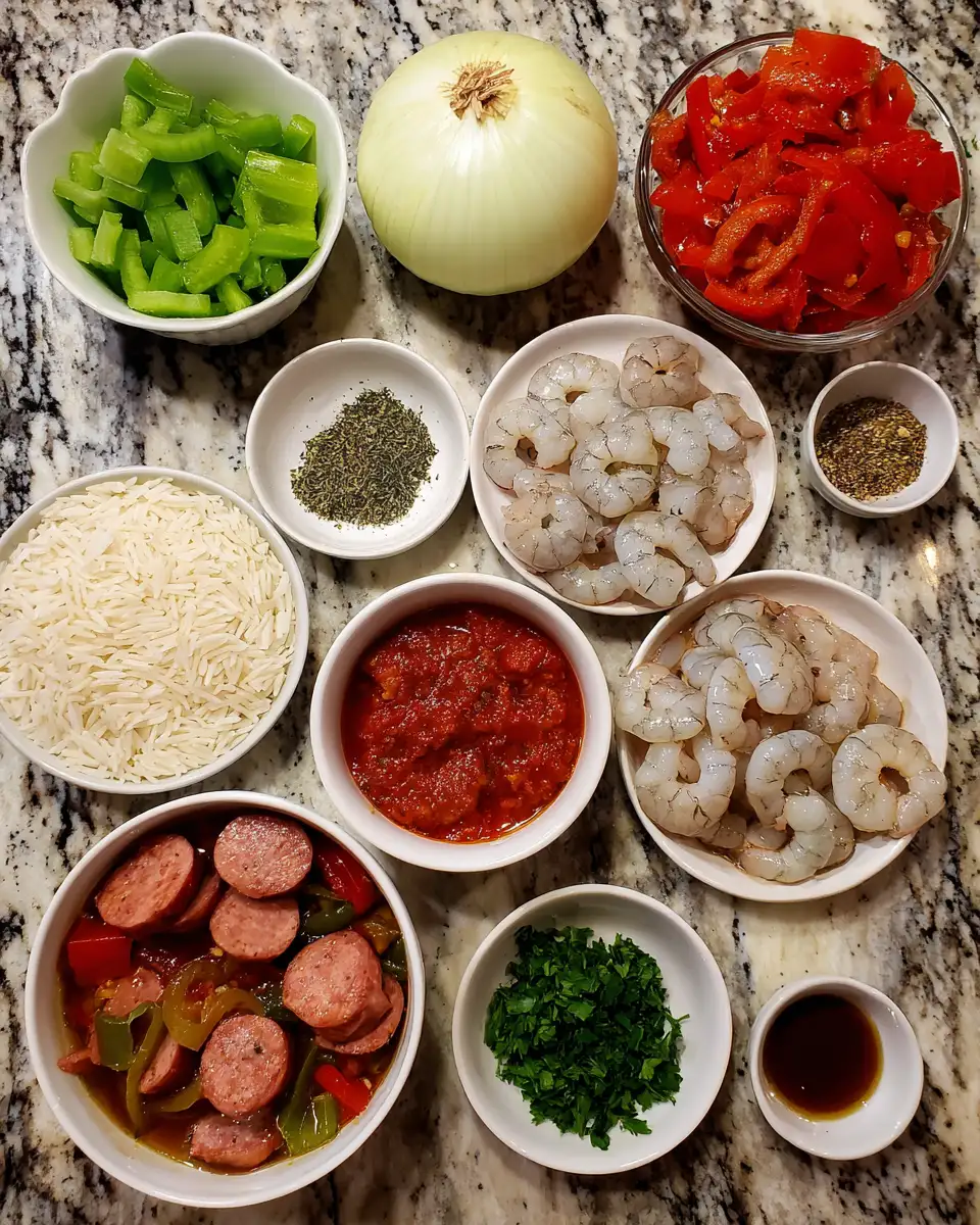 Ingredients for Savor the Flavor: One Pot Shrimp and Sausage Jambalaya Adventure