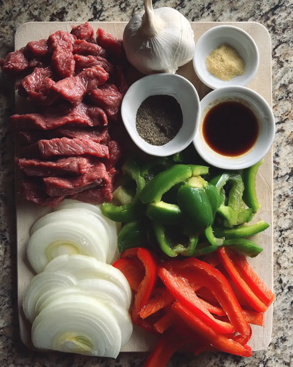 Ingredients for Sizzle and Spice: The Ultimate Pepper Steak with Bell Peppers and Onion