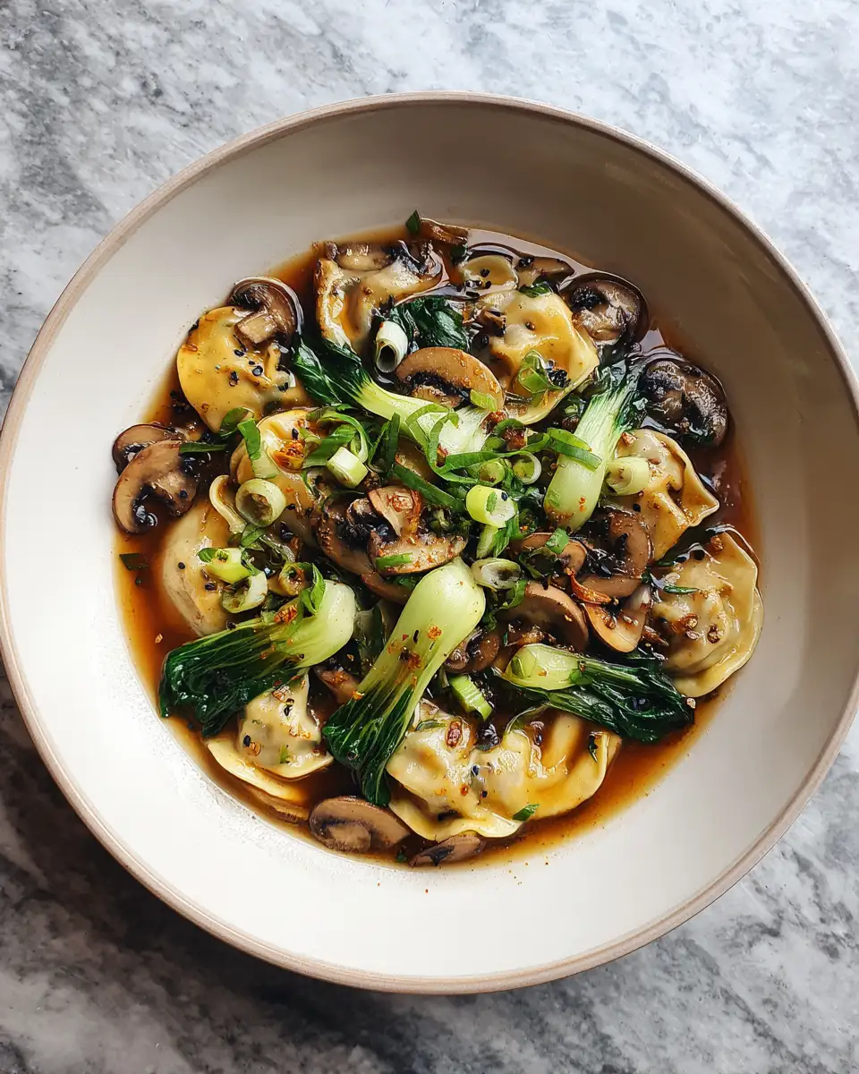 Final dish - Cozy Up with Potsticker Soup: A Savory Blend of Mushrooms & Bok Choy