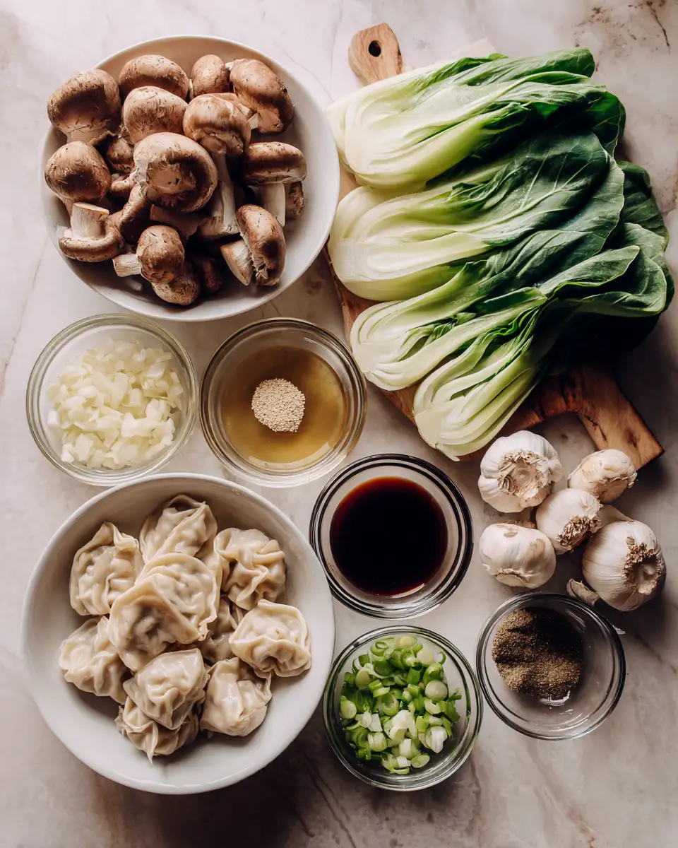 Ingredients for Cozy Up with Potsticker Soup: A Savory Blend of Mushrooms & Bok Choy