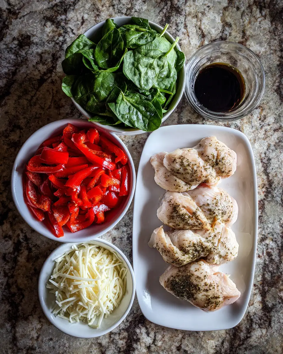 Ingredients for Savor the Flavor: Roasted Red Pepper Spinach and Mozzarella Stuffed Chicken Delight