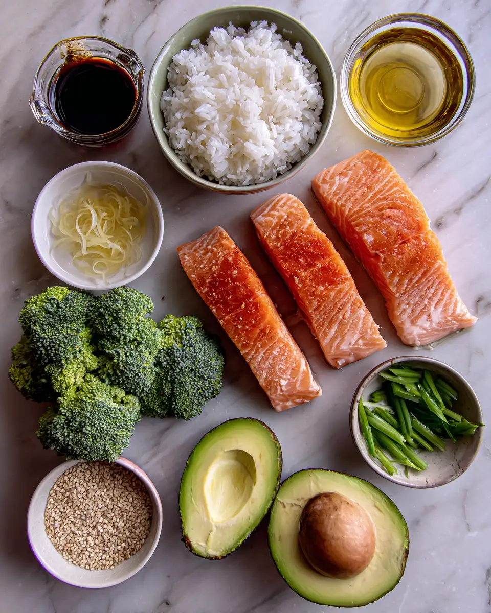 Ingredients for Effortless Salmon Rice Bowl: Your Quick & Delicious Dinner Solution