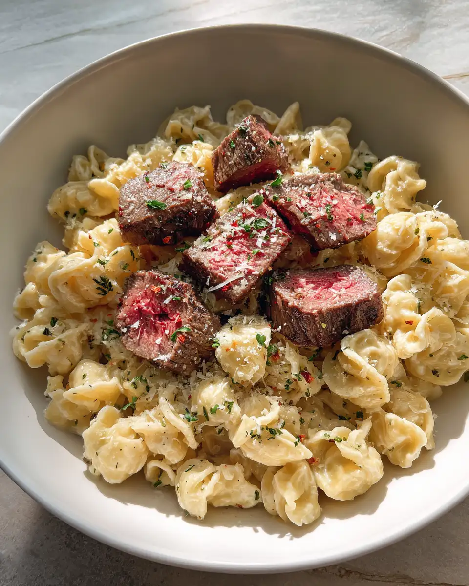 Final dish - Savor the Perfect Harmony: Steak Bites and Creamy Parmesan Pasta with Garlic Butter