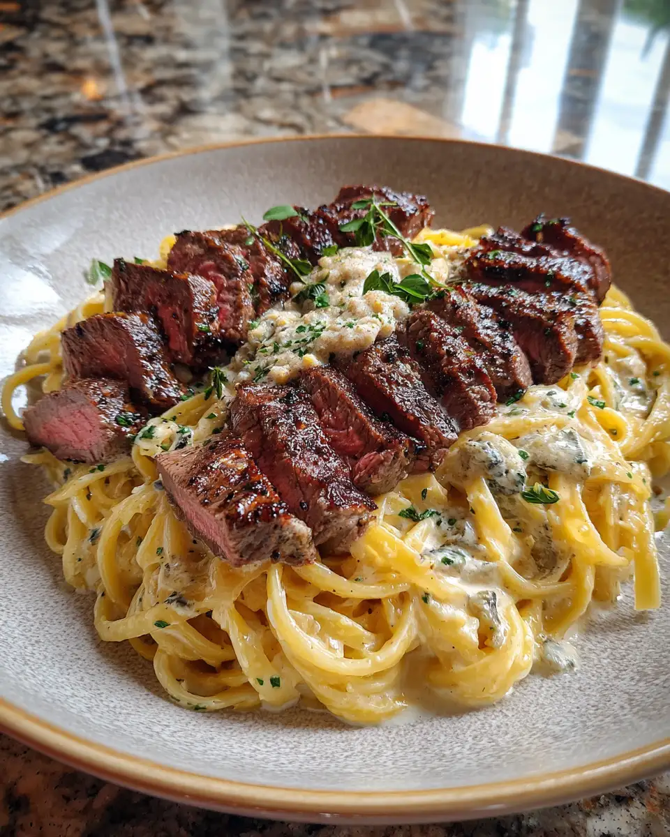 Final dish - Indulge in Savory Steak Gorgonzola Alfredo with Creamy Parmesan Bliss