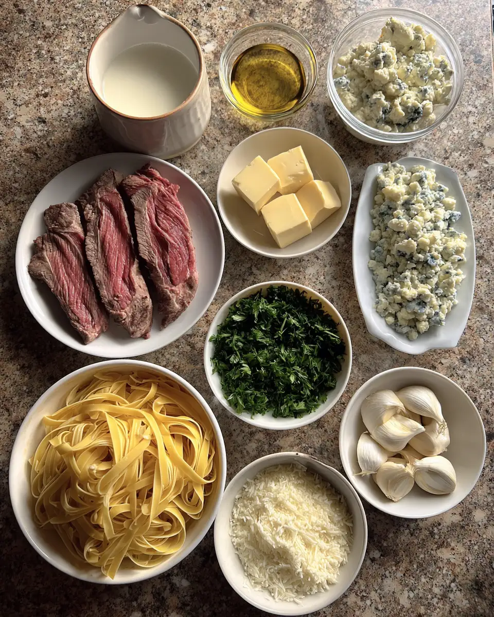 Ingredients for Indulge in Savory Steak Gorgonzola Alfredo with Creamy Parmesan Bliss