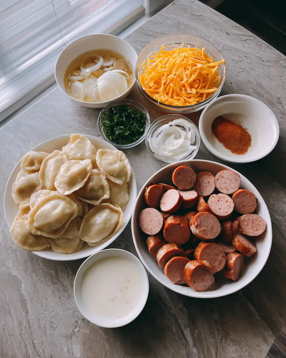 Ingredients for Comfort Meets Convenience: Slow Cooker Pierogi and Kielbasa Bake Extravaganza