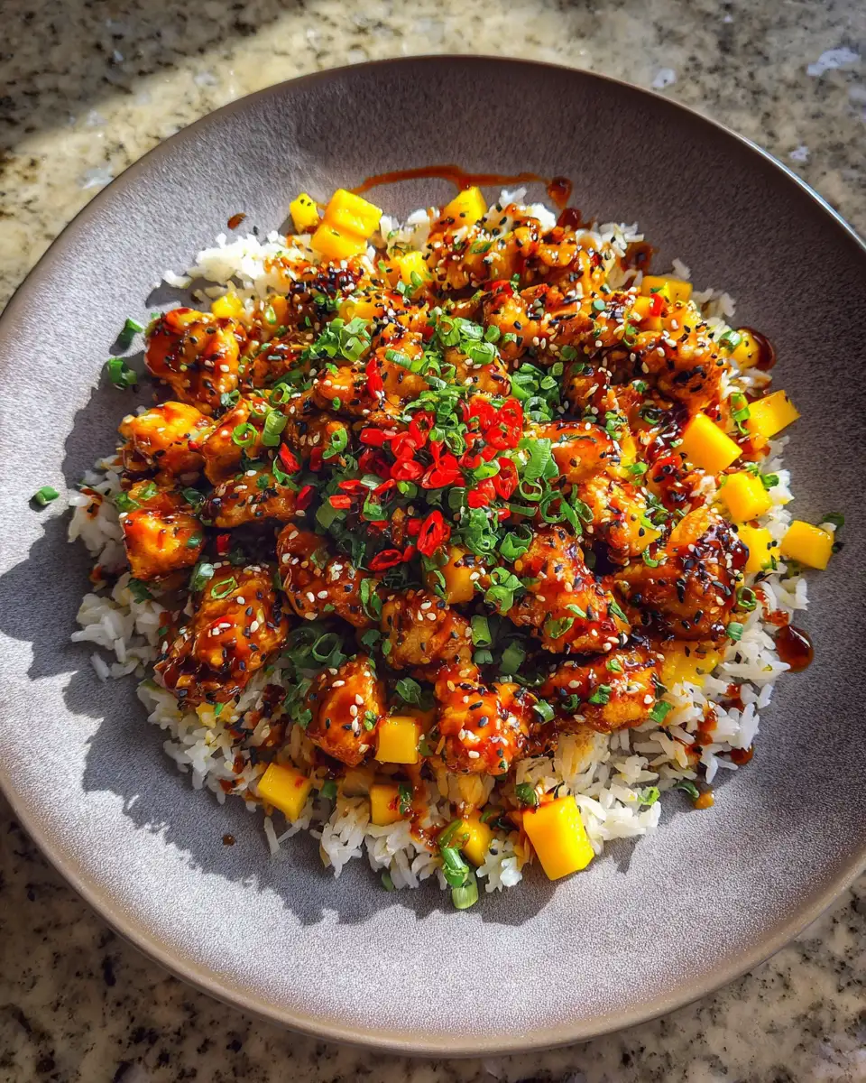 Final dish - Sizzle and Spice: Discover the Irresistible Spicy Mango Chicken Rice Bowl