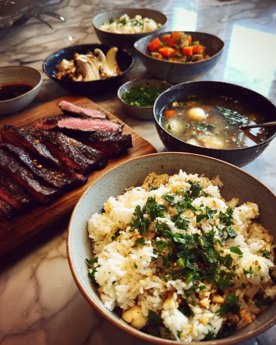 Ingredients for Sizzle and Savory Delight: Steak and Garlic Butter Rice Bowl Perfection