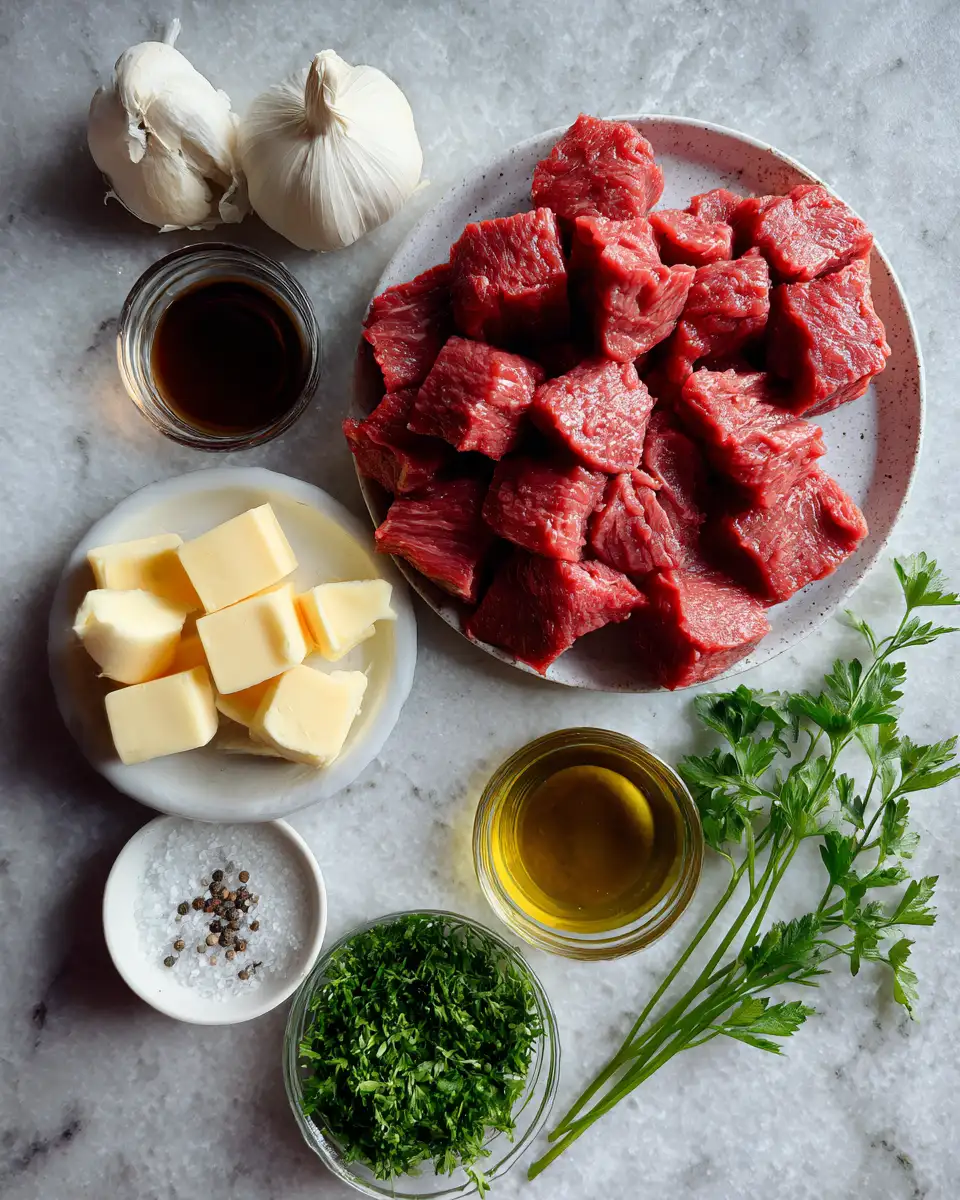 Ingredients for Sizzling Steak Bites with Irresistible Garlic Sauce Delight