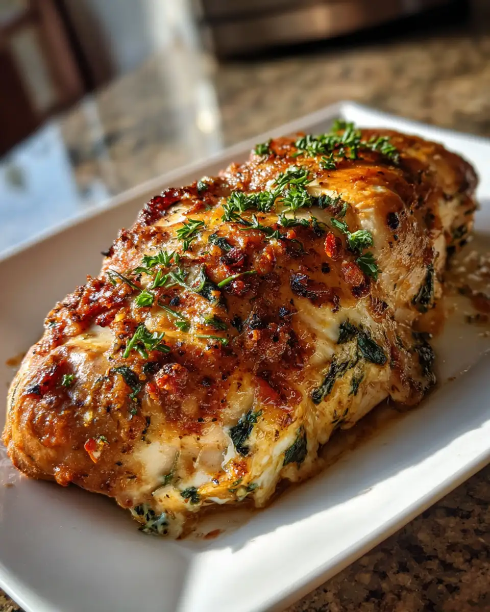 Final dish - Irresistible Sundried Tomato Spinach and Cheese Stuffed Chicken Delight