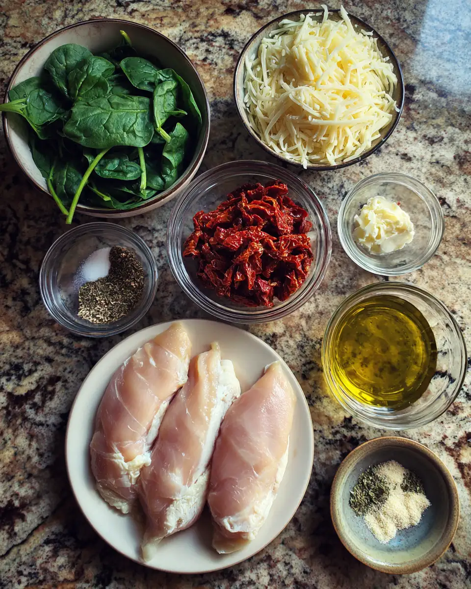 Ingredients for Irresistible Sundried Tomato Spinach and Cheese Stuffed Chicken Delight