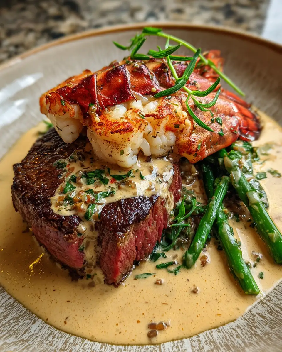 Final dish - Surf and Turf Delight with Irresistible Creamy Garlic Sauce
