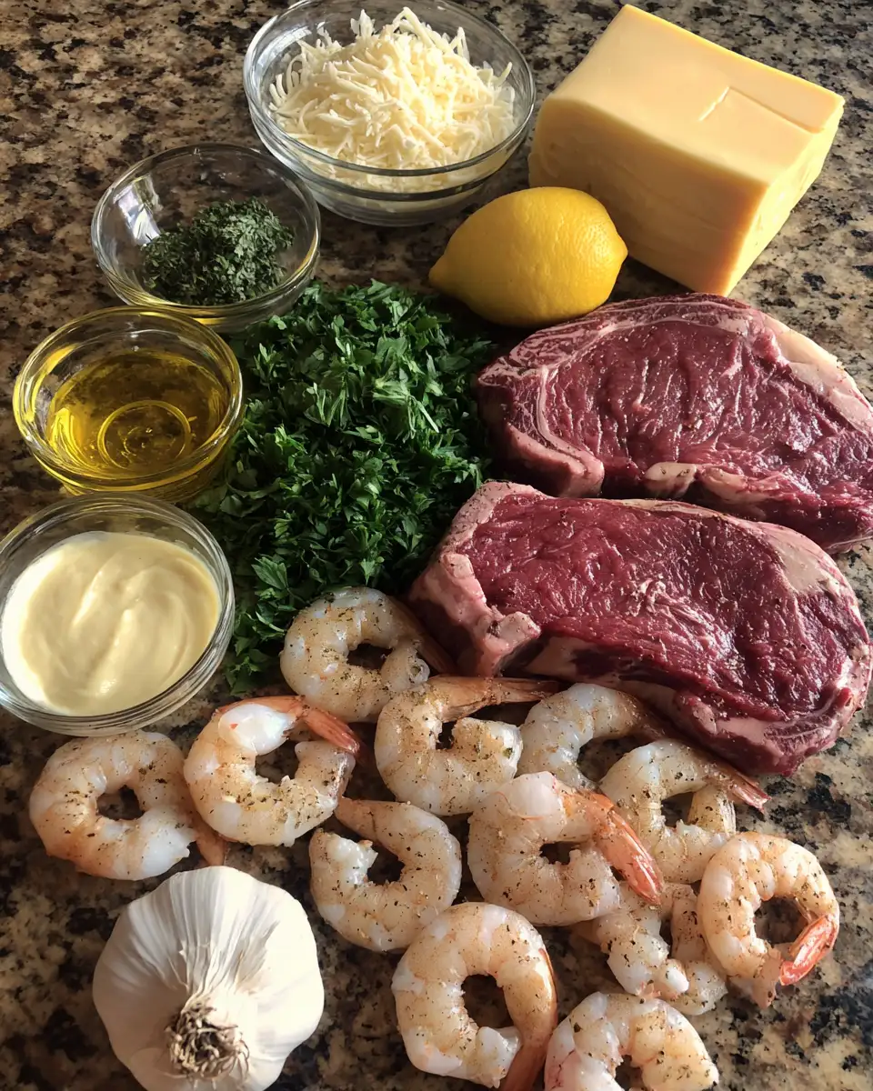 Ingredients for Surf and Turf Delight with Irresistible Creamy Garlic Sauce