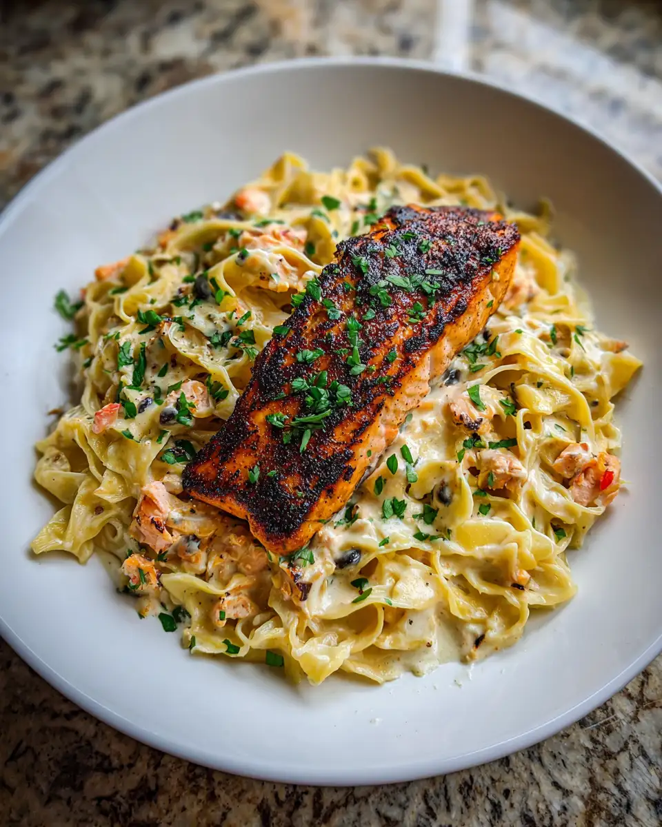 Savor the Richness: Blackened Salmon Alfredo Pasta Delight 6 Final dish - Savor the Richness: Blackened Salmon Alfredo Pasta Delight